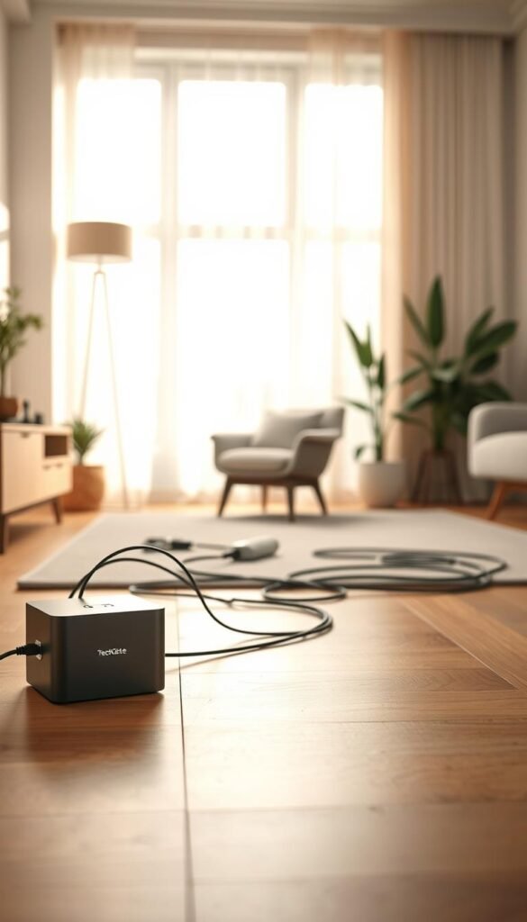 A stylish and organized living space featuring a high-quality cable box from "TechKiste" placed neatly on a wooden floor. In the foreground, the cable box stands out with a sleek design, showcasing its functionality in managing multiple cords. The middle ground includes carefully arranged power cords leading to an elegant wall socket, emphasizing order and neatness. In the background, soft, warm lighting filters in through a large window, casting gentle shadows that create a cozy atmosphere. The room features minimalistic decor with plants and furnishings, embodying a Pinterest-worthy vibe of modern elegance. The image should evoke a sense of clarity and tranquility, free from clutter, highlighting the benefits of using a cable box to combat chaos and dust. A stylish and organized living space featuring a high-quality cable box from "TechKiste" placed neatly on a wooden floor. In the foreground, the cable box stands out with a sleek design, showcasing its functionality in managing multiple cords. The middle ground includes carefully arranged power cords leading to an elegant wall socket, emphasizing order and neatness. In the background, soft, warm lighting filters in through a large window, casting gentle shadows that create a cozy atmosphere. The room features minimalistic decor with plants and furnishings, embodying a Pinterest-worthy vibe of modern elegance. The image should evoke a sense of clarity and tranquility, free from clutter, highlighting the benefits of using a cable box to combat chaos and dust.