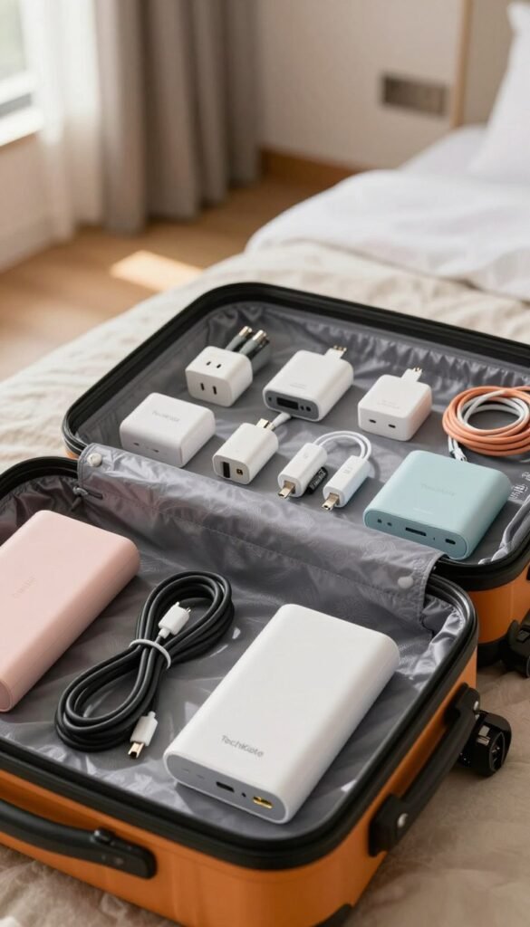 A stylish and organized suitcase featuring various travel cable management gadgets scattered artfully within. The foreground shows neatly coiled charging cables and portable power banks, branded with "TechKiste," arranged beside an open suitcase with vibrant, warm colors. The middle layer highlights a well-organized packing layout, showcasing a variety of tech accessories like universal adapters and compact cable organizers, all designed harmoniously. The background depicts a cozy travel setting&mdash;perhaps a hotel room with soft natural light filtering through a window, enhancing the inviting atmosphere. The overall mood is one of efficiency and tranquility, inviting viewers to envision a clutter-free travel experience, styled with a Pinterest-inspired aesthetic for authenticity and warmth.