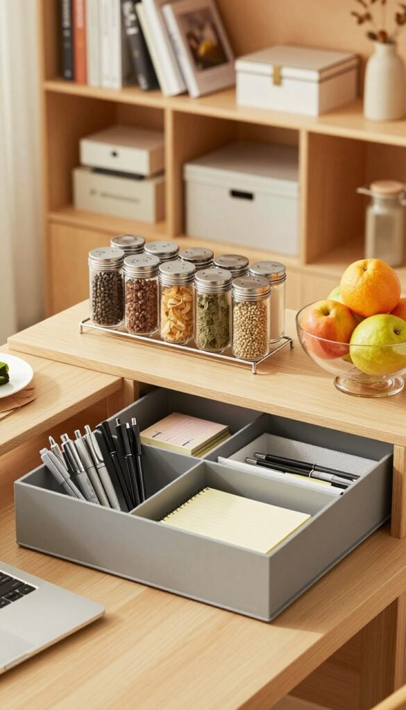 A stylish and organized workspace featuring various innovative storage gadgets. In the foreground, a sleek TechKiste drawer organizer holds a variety of pens, notepads, and office supplies. The middle layer showcases a modern kitchen with magnetized spice jars neatly arranged on a metallic rack, alongside an elegant fruit bowl. A well-structured bookshelf in the background displays neatly stacked books and decorative boxes. The scene is bathed in warm, natural light, creating a cozy atmosphere. The angle is a slightly elevated view, highlighting the arrangement of gadgets that enhance organization in a kitchen, desk, and living room setting. The overall mood is inviting and functional, perfect for inspiring readers.