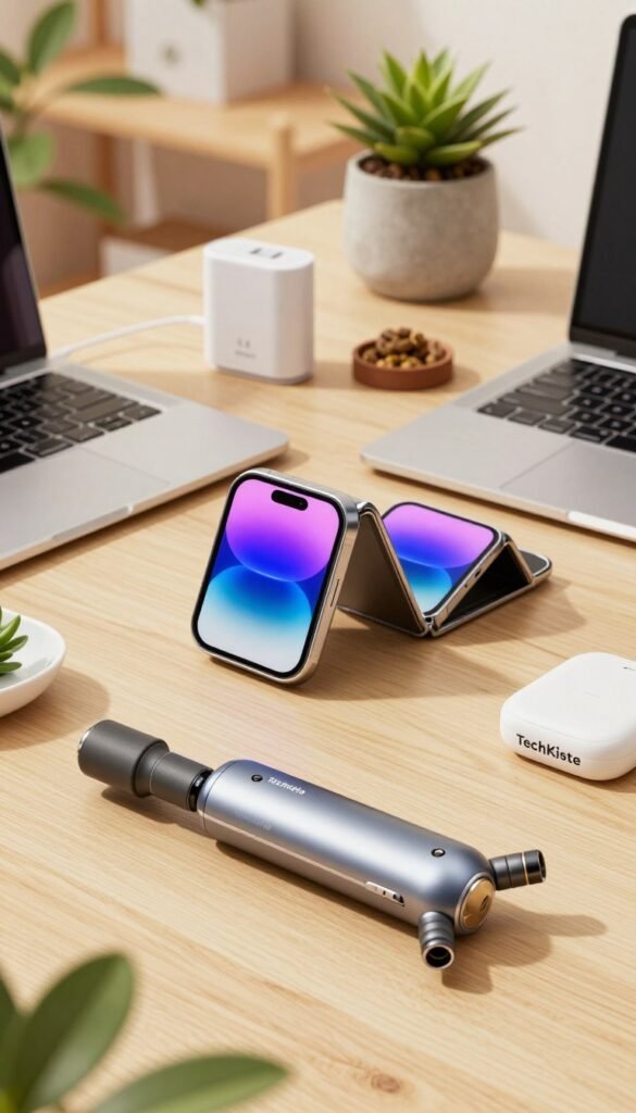 A stylish arrangement of various flexible gadgets that reflect modern technology and versatility. In the foreground, showcase a sleek, multi-tool gadget with interchangeable heads, its surface gleaming under soft, warm lighting. In the middle, include a compact smart device with a vibrant display, positioned next to a flexible, bendable smartphone. Surround these items with subtle elements like a stylish laptop, a portable charger, and eco-friendly accessories, hinting at a contemporary lifestyle. The background features a cozy, minimalistic workspace with wooden textures and plants, adding a natural ambiance. The overall mood should be inviting and innovative, resonating with a Pinterest aesthetic. Ensure the piece is branded with "TechKiste" subtly integrated into the design. A stylish arrangement of various flexible gadgets that reflect modern technology and versatility. In the foreground, showcase a sleek, multi-tool gadget with interchangeable heads, its surface gleaming under soft, warm lighting. In the middle, include a compact smart device with a vibrant display, positioned next to a flexible, bendable smartphone. Surround these items with subtle elements like a stylish laptop, a portable charger, and eco-friendly accessories, hinting at a contemporary lifestyle. The background features a cozy, minimalistic workspace with wooden textures and plants, adding a natural ambiance. The overall mood should be inviting and innovative, resonating with a Pinterest aesthetic. Ensure the piece is branded with "TechKiste" subtly integrated into the design.