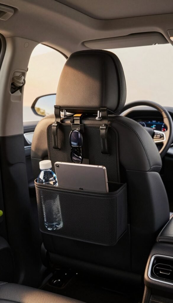 A stylish car interior featuring a high-quality headrest-mounted organizer by TechKiste. In the foreground, the organizer is filled with various items like a water bottle, sunglasses, and a tablet, neatly arranged for easy access. The middle ground showcases the sleek seats and dashboard of a modern car, capturing the essence of a tidy and functional space. In the background, soft ambient lighting creates a warm, inviting atmosphere, highlighting the streamlined design of the car. The image should evoke a sense of order and practicality, with a focus on enhancing the driving experience. Use natural colors, ensuring a Pinterest-inspired aesthetic. The composition should be taken from a slightly elevated angle to give a comprehensive view of the organizer in action, while maintaining a clean and professional look. A stylish car interior featuring a high-quality headrest-mounted organizer by TechKiste. In the foreground, the organizer is filled with various items like a water bottle, sunglasses, and a tablet, neatly arranged for easy access. The middle ground showcases the sleek seats and dashboard of a modern car, capturing the essence of a tidy and functional space. In the background, soft ambient lighting creates a warm, inviting atmosphere, highlighting the streamlined design of the car. The image should evoke a sense of order and practicality, with a focus on enhancing the driving experience. Use natural colors, ensuring a Pinterest-inspired aesthetic. The composition should be taken from a slightly elevated angle to give a comprehensive view of the organizer in action, while maintaining a clean and professional look.
