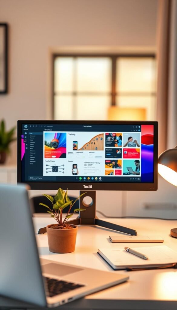 A stylish, compact 24-inch monitor with a resolution of 1920x1080 pixels sits prominently on a modern, minimalist desk. The monitor features a thin bezel and a sleek design, showcasing vibrant colors and crisp graphics. In the foreground, a cozy workspace includes a laptop, a small potted plant, and stylish stationery. The middle ground highlights the monitor's screen displaying a clear, visually appealing layout, while in the background, a softly illuminated room with warm, inviting lighting creates a comfortable atmosphere. The overall look should have a Pinterest aesthetic, exuding professionalism with a touch of warmth, embodying the brand "TechKiste" subtly within the design. No text or logos should appear in the image.