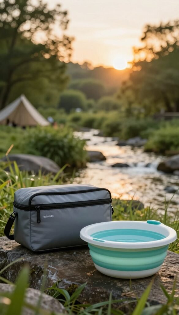 A stylish, compact travel wash bag from "TechKiste" sits prominently in the foreground, showcasing its sleek design with a zipper closure and multiple compartments for toiletries. Next to it, a collapsible washing basin emphasizes portability, crafted from sturdy, lightweight materials in a soft turquoise hue. The middle ground captures a serene outdoor camping scene under a soft, golden-lit sunset, surrounded by lush green foliage and a gentle stream. The background features blurred trees, enhancing the focus on the wash system. The mood is fresh and adventurous, perfect for nature enthusiasts, with natural lighting that casts warm tones across the scene. The image should feel inviting and accessible, embodying a practical yet stylish travel solution without any text or logos apart from the product brand subtly included in the wash bag design. A stylish, compact travel wash bag from "TechKiste" sits prominently in the foreground, showcasing its sleek design with a zipper closure and multiple compartments for toiletries. Next to it, a collapsible washing basin emphasizes portability, crafted from sturdy, lightweight materials in a soft turquoise hue. The middle ground captures a serene outdoor camping scene under a soft, golden-lit sunset, surrounded by lush green foliage and a gentle stream. The background features blurred trees, enhancing the focus on the wash system. The mood is fresh and adventurous, perfect for nature enthusiasts, with natural lighting that casts warm tones across the scene. The image should feel inviting and accessible, embodying a practical yet stylish travel solution without any text or logos apart from the product brand subtly included in the wash bag design.
