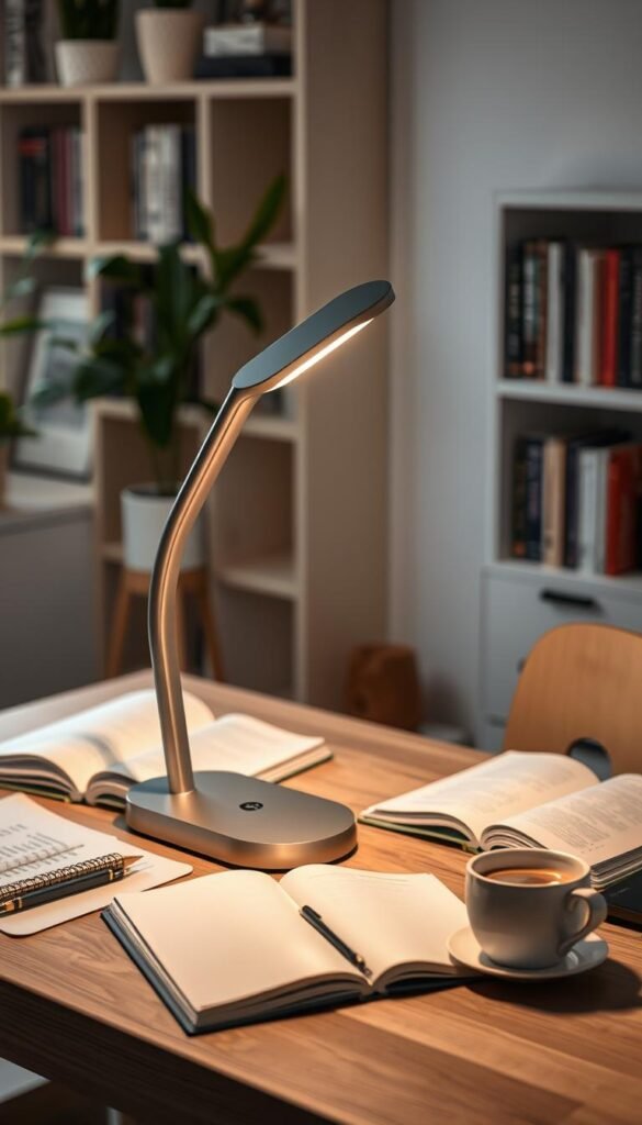 A stylish desk lamp by the brand TechKiste, featuring a sleek, modern design, with a warm white light emitting a soft glow. The lamp is positioned on a minimalist wooden desk cluttered with stationery, an open notebook, and a cup of coffee. In the background, a cozy home office is visible, with plants and a bookshelf lined with books, creating a warm and inviting atmosphere. The lighting is soft and natural, mimicking the welcoming ambiance of a productive workspace. The composition is captured from a slightly elevated angle to highlight the lamp’s elegant curves and functionality, emphasizing its importance as a tool for eye-friendly working. A stylish desk lamp by the brand TechKiste, featuring a sleek, modern design, with a warm white light emitting a soft glow. The lamp is positioned on a minimalist wooden desk cluttered with stationery, an open notebook, and a cup of coffee. In the background, a cozy home office is visible, with plants and a bookshelf lined with books, creating a warm and inviting atmosphere. The lighting is soft and natural, mimicking the welcoming ambiance of a productive workspace. The composition is captured from a slightly elevated angle to highlight the lamp’s elegant curves and functionality, emphasizing its importance as a tool for eye-friendly working.