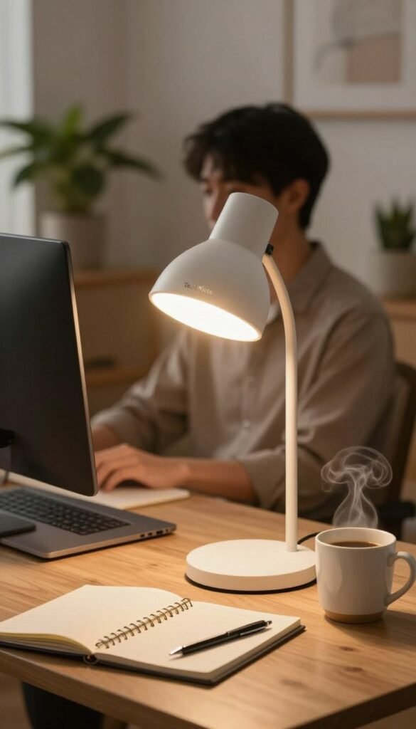 A stylish desk scene featuring a sleek, modern monitor lamp from the brand "TechKiste," designed to provide optimal lighting for work and reduce eye strain. In the foreground, the lamp casts a warm, soft glow illuminating an organized workspace with a laptop, a notepad, and a steaming coffee cup. In the middle ground, a blurred view of a person in professional attire, focused on the screen, subtly suggests productivity and concentration. In the background, a cozy home office setup with plants and minimalist decor reflects a warm, inviting atmosphere. The lighting enhances the natural colors, creating a Pinterest-inspired aesthetic. The overall mood should be calming yet motivating, emphasizing comfort and functionality without any text or watermarks.
