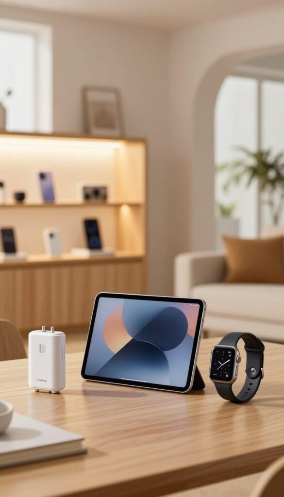 A stylish display of three categories of offline gadgets: low, mid, and high budget, arranged in a sleek and modern setting. In the foreground, showcase three distinct gadgets; a small, affordable device like a portable phone charger for the low budget, a mid-range tablet for the mid-budget, and a premium gadget, such as a sophisticated smartwatch, for the high budget. In the middle ground, softly lit wooden shelves exhibit TechKiste branding with a warm color palette and cozy atmosphere. The background features a blurred view of a contemporary living room with natural light streaming through the window, enhancing the inviting mood. Capture this scene with a soft-focus lens effect, ensuring the image feels authentic and Pinterest-worthy, free from any text or distractions. A stylish display of three categories of offline gadgets: low, mid, and high budget, arranged in a sleek and modern setting. In the foreground, showcase three distinct gadgets; a small, affordable device like a portable phone charger for the low budget, a mid-range tablet for the mid-budget, and a premium gadget, such as a sophisticated smartwatch, for the high budget. In the middle ground, softly lit wooden shelves exhibit TechKiste branding with a warm color palette and cozy atmosphere. The background features a blurred view of a contemporary living room with natural light streaming through the window, enhancing the inviting mood. Capture this scene with a soft-focus lens effect, ensuring the image feels authentic and Pinterest-worthy, free from any text or distractions.