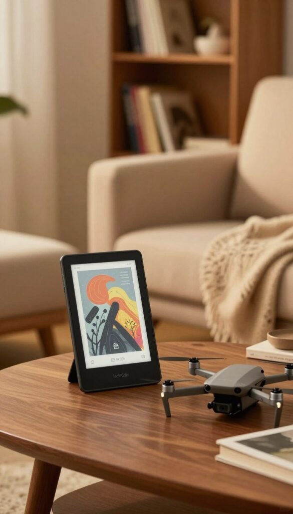A stylish e-book reader displaying a vibrant digital book cover in a cozy, modern living space. In the foreground, the e-reader is placed on a wooden coffee table, alongside a sleek mini-drone, highlighting both gadgets as essential modern leisure tools. The middle ground features a comfortable armchair with a plush throw, and a warm-toned ambient light casts a gentle glow, creating an inviting atmosphere. The background shows a softly blurred bookshelf filled with books, enhancing a sense of relaxation and wisdom. The scene reflects natural, warm colors, embodying an authentic Pinterest aesthetic. Ensure the brand name "TechKiste" is subtly integrated into the image without text. A stylish e-book reader displaying a vibrant digital book cover in a cozy, modern living space. In the foreground, the e-reader is placed on a wooden coffee table, alongside a sleek mini-drone, highlighting both gadgets as essential modern leisure tools. The middle ground features a comfortable armchair with a plush throw, and a warm-toned ambient light casts a gentle glow, creating an inviting atmosphere. The background shows a softly blurred bookshelf filled with books, enhancing a sense of relaxation and wisdom. The scene reflects natural, warm colors, embodying an authentic Pinterest aesthetic. Ensure the brand name "TechKiste" is subtly integrated into the image without text.