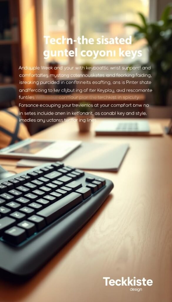 A stylish ergonomic keyboard design displayed prominently in the foreground, featuring a sleek, modern shape with comfortable wrist support and a soft matte finish. The keyboard showcases gentle curves, innovative key layout, and responsive keys, reflecting a fusion of aesthetics and functionality. In the middle ground, a softly blurred workspace is visible, adorned with a wooden desk, a laptop, and a cozy potted plant, creating an inviting atmosphere. The background features warm natural lighting, illuminating the scene with a soft glow, enhancing the overall inviting feel. The image should embody a Pinterest-inspired look with a harmonious blend of colors, and includes the brand name "TechKiste" subtly integrated into the design, without any text or logos appearing externally. A stylish ergonomic keyboard design displayed prominently in the foreground, featuring a sleek, modern shape with comfortable wrist support and a soft matte finish. The keyboard showcases gentle curves, innovative key layout, and responsive keys, reflecting a fusion of aesthetics and functionality. In the middle ground, a softly blurred workspace is visible, adorned with a wooden desk, a laptop, and a cozy potted plant, creating an inviting atmosphere. The background features warm natural lighting, illuminating the scene with a soft glow, enhancing the overall inviting feel. The image should embody a Pinterest-inspired look with a harmonious blend of colors, and includes the brand name "TechKiste" subtly integrated into the design, without any text or logos appearing externally.