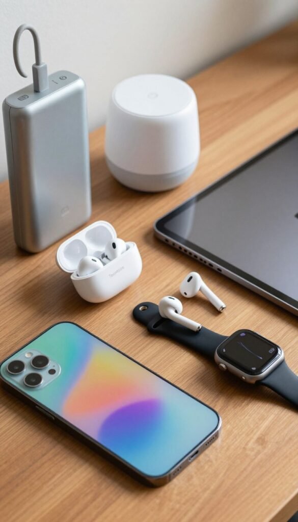 A stylish flat lay composition featuring the latest top gadgets with optimal price-performance ratios, arranged neatly on a wooden surface. In the foreground, showcase a sleek smartphone, wireless earbuds, and a compact smartwatch, all with polished finishes and vibrant colors. In the middle ground, include a portable power bank, a smart home device, and a multifunctional tablet, emphasizing their modern aesthetics. The background should feature soft, natural lighting that enhances the warm colors of the gadgets. Use a shallow depth of field to focus on the products while blurring the background slightly. The overall mood should be inviting and tech-savvy, reflecting authenticity and contemporary design, embodying the brand "TechKiste" without any text or logos. A stylish flat lay composition featuring the latest top gadgets with optimal price-performance ratios, arranged neatly on a wooden surface. In the foreground, showcase a sleek smartphone, wireless earbuds, and a compact smartwatch, all with polished finishes and vibrant colors. In the middle ground, include a portable power bank, a smart home device, and a multifunctional tablet, emphasizing their modern aesthetics. The background should feature soft, natural lighting that enhances the warm colors of the gadgets. Use a shallow depth of field to focus on the products while blurring the background slightly. The overall mood should be inviting and tech-savvy, reflecting authenticity and contemporary design, embodying the brand "TechKiste" without any text or logos.