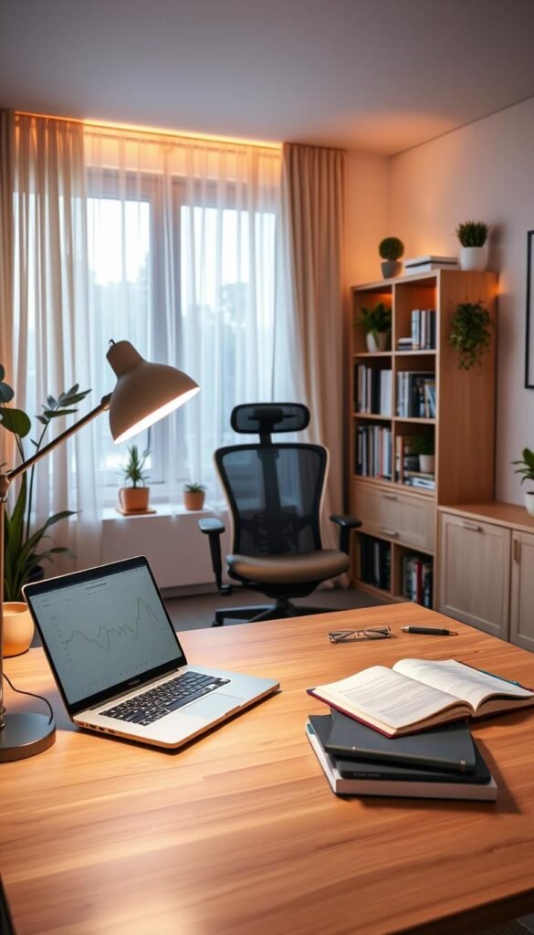 A stylish home office (Arbeitszimmer) featuring warm, inviting lighting in a well-organized workspace. In the foreground, a sleek wooden desk with a laptop, notebooks, and a modern desk lamp emitting a soft, warm glow. In the middle, a comfortable ergonomic chair and a bookshelf filled with neatly arranged books and decorative plants. In the background, a large window with sheer curtains allowing natural light to filter in, casting a cozy ambiance. The walls are painted in soft, neutral tones, adorned with minimalist art. The atmosphere is calm and conducive to productivity, reflecting an authentic Pinterest aesthetic. Incorporate elements from TechKiste&rsquo;s design ethos to enhance modernity. The image should feel welcoming and professional without any text, logos, or watermarks.