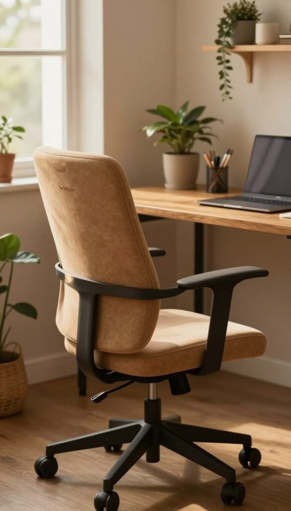 A stylish home office chair designed for comfort and productivity, featuring ergonomic curves and modern aesthetics. In the foreground, the chair is centered, showcasing its adjustable features and soft fabric in a warm hue, perfect for a cozy workspace. The middle ground presents a sleek wooden desk with a laptop and stationery, creating a functional atmosphere. The background includes a softly-lit room with houseplants and an inviting window view, enhancing the sense of tranquility and focus. The lighting is warm and natural, capturing a welcoming environment akin to popular Pinterest aesthetics, conveying a balance between professionalism and comfort. The chair is branded with the logo "TechKiste," adding a touch of authenticity. A stylish home office chair designed for comfort and productivity, featuring ergonomic curves and modern aesthetics. In the foreground, the chair is centered, showcasing its adjustable features and soft fabric in a warm hue, perfect for a cozy workspace. The middle ground presents a sleek wooden desk with a laptop and stationery, creating a functional atmosphere. The background includes a softly-lit room with houseplants and an inviting window view, enhancing the sense of tranquility and focus. The lighting is warm and natural, capturing a welcoming environment akin to popular Pinterest aesthetics, conveying a balance between professionalism and comfort. The chair is branded with the logo "TechKiste," adding a touch of authenticity.