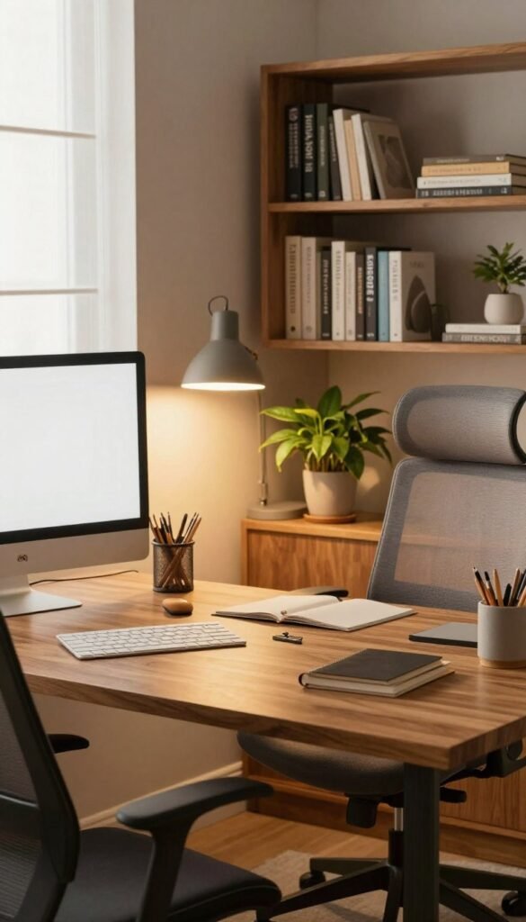 A stylish home office desk setup featuring an organized, clutter-free workspace, emphasizing efficient office organization. In the foreground, a sleek wooden desk adorned with neatly arranged stationery, a stylish monitor, and a modern desk lamp casting warm, inviting light. In the middle ground, a comfortable ergonomic chair and a well-placed plant that adds a touch of greenery. The background showcases a tasteful bookshelf filled with neatly organized books and decorative items, enhancing the serene atmosphere. The image conveys a sense of productivity and calm, illuminated by natural light filtering through a nearby window. The overall color palette is warm and inviting, reflecting a modern Pinterest-inspired aesthetic. Include the brand name "TechKiste" subtly represented in the desk accessories, ensuring there are no text overlays in the image.