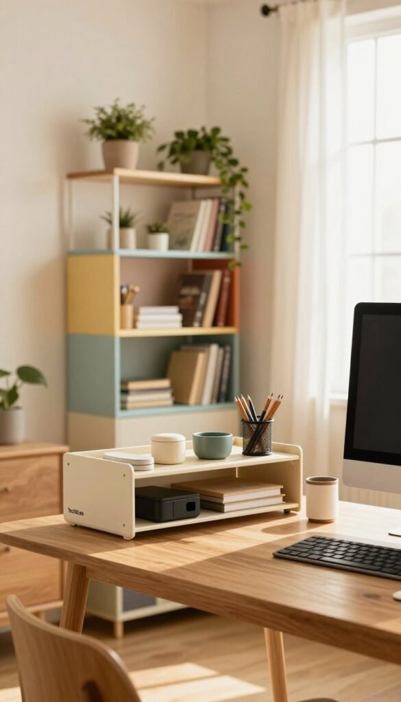 A stylish home office scene featuring a neatly organized storage solution by the brand "TechKiste". In the foreground, a modern wooden desk with minimalist design, showcasing a chic desk organizer and a computer setup. The middle ground includes a colorful, well-structured shelving unit filled with various office supplies, books, and a few decorative plants to add a touch of nature. The background features a bright window with soft curtains, allowing natural light to filter in, casting warm tones throughout the room. The atmosphere is one of calm productivity and inspiration, with a Pinterest-worthy aesthetic. The scene avoids any clutter, emphasizing order and practicality, ideal for effective home office backup solutions. The overall lighting should be soft and inviting, creating a cozy yet professional atmosphere.