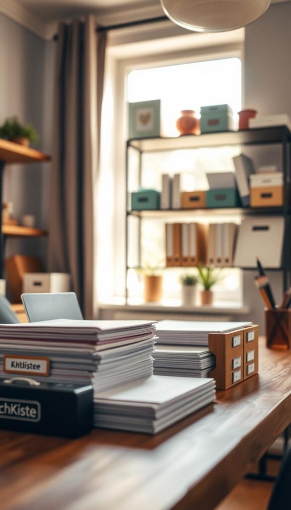 A stylish home office scene featuring an organized dokumente-ablage system. In the foreground, a sleek wooden desk holds neatly stacked documents in labeled file organizers, alongside a stylish tech gadget labeled "TechKiste." The middle section showcases a wall-mounted shelf filled with decorative boxes and folders, color-coded for easy access, exuding a Pinterest-inspired aesthetic. The background displays a soft-focus window allowing warm, natural light to illuminate the space, creating a cozy atmosphere. The camera angle is slightly tilted downwards, emphasizing the orderly layout and inviting ambiance. The color palette incorporates warm tones and earthy accents, conveying a sense of tranquility and productivity. No text or branding is visible in the image.