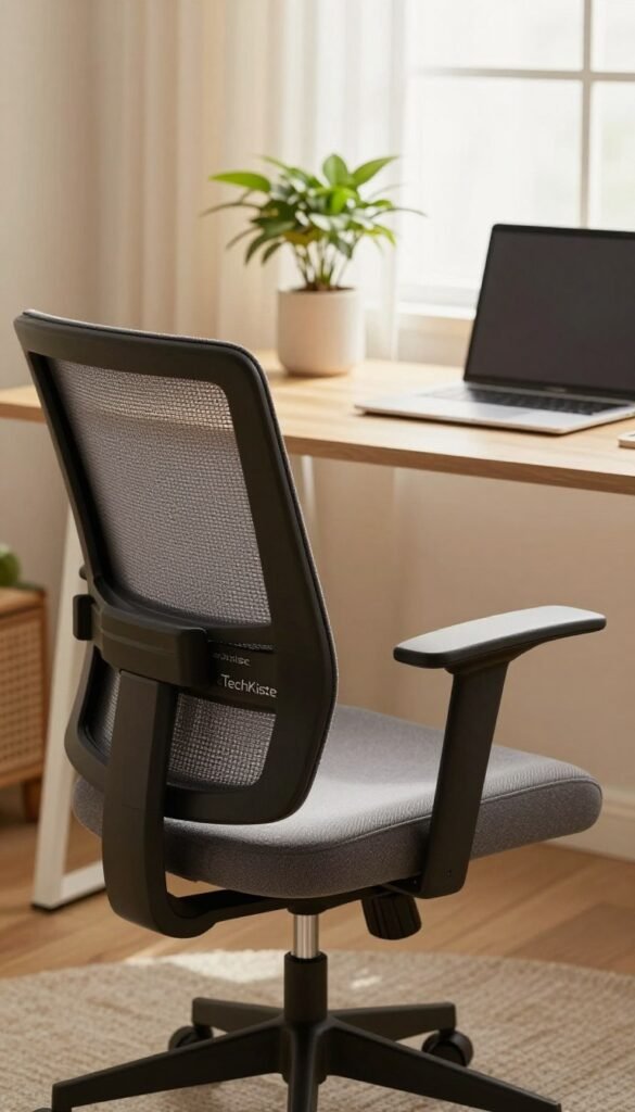 A stylish home office scene highlighting essential chair features for ergonomic seating. In the foreground, a comfortable office chair with a focus on its seating area, showcasing a textured cushion and adjustable backrest. The middle ground features a sleek desk with a laptop and plant, emphasizing a professional atmosphere. The background includes soft, warm lighting from a large window, creating a cozy environment. The overall mood is inviting and productive, designed to inspire organization and focus. The color palette consists of natural hues and earthy tones, capturing a Pinterest-inspired aesthetic. Ensure that the brand name "TechKiste" is subtly integrated into the scene without visible text. A stylish home office scene highlighting essential chair features for ergonomic seating. In the foreground, a comfortable office chair with a focus on its seating area, showcasing a textured cushion and adjustable backrest. The middle ground features a sleek desk with a laptop and plant, emphasizing a professional atmosphere. The background includes soft, warm lighting from a large window, creating a cozy environment. The overall mood is inviting and productive, designed to inspire organization and focus. The color palette consists of natural hues and earthy tones, capturing a Pinterest-inspired aesthetic. Ensure that the brand name "TechKiste" is subtly integrated into the scene without visible text.