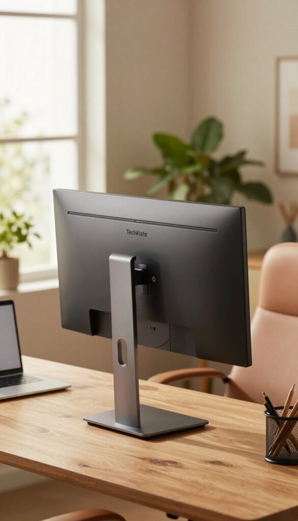 A stylish home office scene showcasing a monitor height adjustment solution. In the foreground, a sleek monitor stand branded "TechKiste" raises the screen to eye level, surrounded by a tidy desk with a laptop and some office supplies. The middle of the image features a comfortable office chair and a potted plant, adding a touch of greenery. In the background, a softly lit window reveals natural light pouring in, enhancing the warm color palette of the room. The overall atmosphere is inviting and professional, evoking a sense of productivity and organization. Use a soft focus lens effect for a cozy feel, capturing the perfect balance between aesthetics and functionality. A stylish home office scene showcasing a monitor height adjustment solution. In the foreground, a sleek monitor stand branded "TechKiste" raises the screen to eye level, surrounded by a tidy desk with a laptop and some office supplies. The middle of the image features a comfortable office chair and a potted plant, adding a touch of greenery. In the background, a softly lit window reveals natural light pouring in, enhancing the warm color palette of the room. The overall atmosphere is inviting and professional, evoking a sense of productivity and organization. Use a soft focus lens effect for a cozy feel, capturing the perfect balance between aesthetics and functionality.