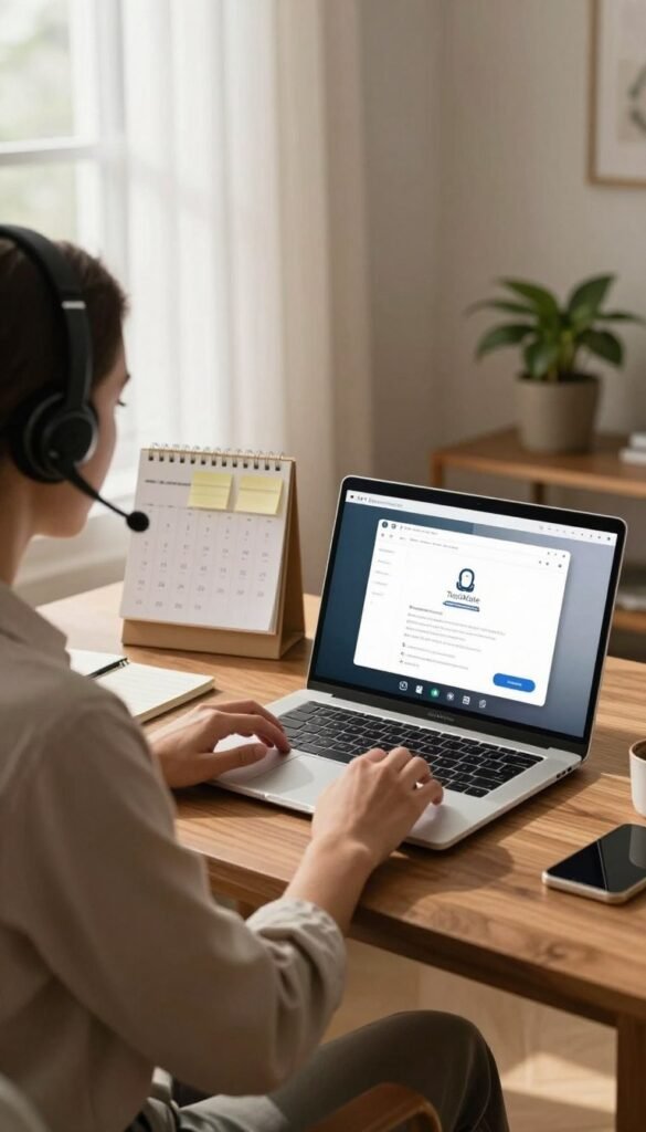 A stylish home office setting, featuring a sleek wooden desk with a laptop open, displaying a secure email interface. In the foreground, a professional dressed in modest casual clothing is engaged in a video conference, with a modern headset on. The middle ground shows a digital calendar, arranged notes, and a potted plant, adding warmth to the scene. In the background, a window with soft natural light filtering through sheer curtains illuminates the space. Warm colors dominate the image, creating an inviting and secure atmosphere. The branding "TechKiste" subtly appears on the laptop screen, incorporating a modern yet professional vibe without being intrusive. The composition highlights the importance of secure communication in daily work life. A stylish home office setting, featuring a sleek wooden desk with a laptop open, displaying a secure email interface. In the foreground, a professional dressed in modest casual clothing is engaged in a video conference, with a modern headset on. The middle ground shows a digital calendar, arranged notes, and a potted plant, adding warmth to the scene. In the background, a window with soft natural light filtering through sheer curtains illuminates the space. Warm colors dominate the image, creating an inviting and secure atmosphere. The branding "TechKiste" subtly appears on the laptop screen, incorporating a modern yet professional vibe without being intrusive. The composition highlights the importance of secure communication in daily work life.