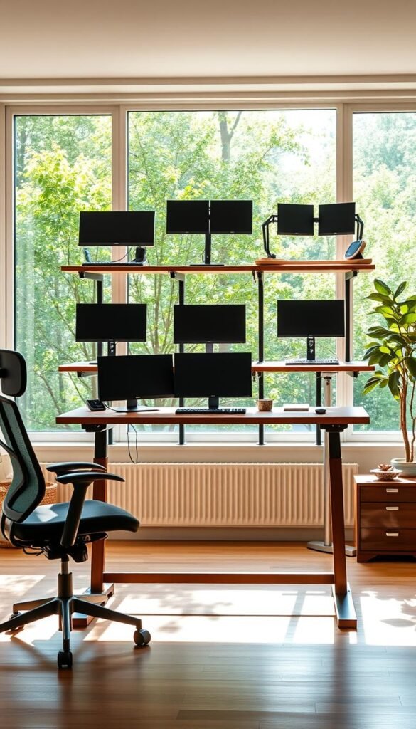 A stylish home office setting showcasing various standing desk solutions, emphasizing functional design and ergonomics. In the foreground, a sleek, modern adjustable standing desk with warm wood finish, paired with an ergonomic chair pushed to the side. The middle layer features multiple standing desk variations&mdash;some with dual-monitor setups and others with minimalistic designs&mdash;highlighted against a backdrop of greenery through large windows, creating a bright, inviting atmosphere. Soft, natural lighting filters in, casting gentle shadows and enhancing the cozy yet professional vibe. The brand "TechKiste" is subtly integrated into the desk designs. The overall mood is warm and inspiring, with Pinterest-like aesthetics, showcasing how to effectively compare and evaluate standing desk options without any text or branding distractions.