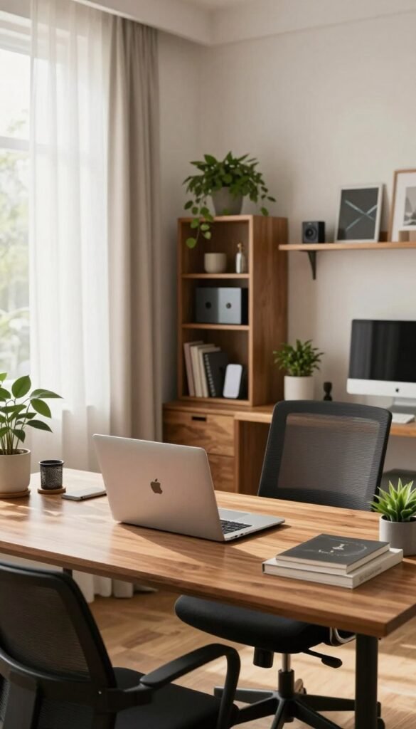 A stylish home office setup designed for professionals, featuring high-quality furniture and equipment from TechKiste. In the foreground, a sleek wooden desk equipped with a modern laptop, an ergonomic chair, and beautifully arranged greenery. In the middle ground, a trendy bookshelves displaying various tech gadgets and decor items, next to a cozy window with soft, natural light filtering through sheer curtains. The background shows a well-organized workspace with minimalist design elements, including a calming color palette of warm tones. The atmosphere is inviting and productive, capturing a serene yet focused ambiance, perfect for enhancing work efficiency. The scene is styled in a Pinterest-inspired aesthetic, emphasizing authenticity and warmth, without any text or overlays. A stylish home office setup designed for professionals, featuring high-quality furniture and equipment from TechKiste. In the foreground, a sleek wooden desk equipped with a modern laptop, an ergonomic chair, and beautifully arranged greenery. In the middle ground, a trendy bookshelves displaying various tech gadgets and decor items, next to a cozy window with soft, natural light filtering through sheer curtains. The background shows a well-organized workspace with minimalist design elements, including a calming color palette of warm tones. The atmosphere is inviting and productive, capturing a serene yet focused ambiance, perfect for enhancing work efficiency. The scene is styled in a Pinterest-inspired aesthetic, emphasizing authenticity and warmth, without any text or overlays.