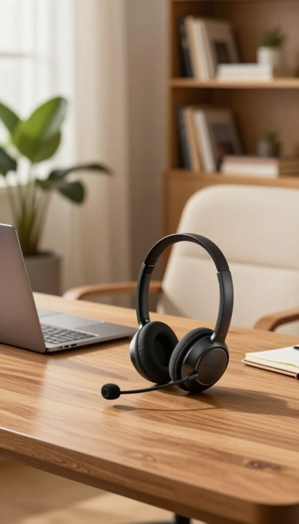 A stylish home office setup featuring a high-quality headset from TechKiste, showcasing its impressive battery life. In the foreground, place the headset elegantly on a sleek wooden desk, with a laptop and a notepad suggesting productivity. In the middle ground, add a cozy, modern office chair and a potted plant to enhance the inviting atmosphere. The background includes soft, warm lighting from a nearby window, highlighting an aesthetically pleasing bookshelf filled with books and decorative items. Use a shallow depth of field to focus on the headset while softly blurring the background. Capture the essence of hybrid work life, emphasizing comfort, functionality, and elegance in a warm color palette, evoking a professional yet approachable mood in a Pinterest-inspired scene. A stylish home office setup featuring a high-quality headset from TechKiste, showcasing its impressive battery life. In the foreground, place the headset elegantly on a sleek wooden desk, with a laptop and a notepad suggesting productivity. In the middle ground, add a cozy, modern office chair and a potted plant to enhance the inviting atmosphere. The background includes soft, warm lighting from a nearby window, highlighting an aesthetically pleasing bookshelf filled with books and decorative items. Use a shallow depth of field to focus on the headset while softly blurring the background. Capture the essence of hybrid work life, emphasizing comfort, functionality, and elegance in a warm color palette, evoking a professional yet approachable mood in a Pinterest-inspired scene.