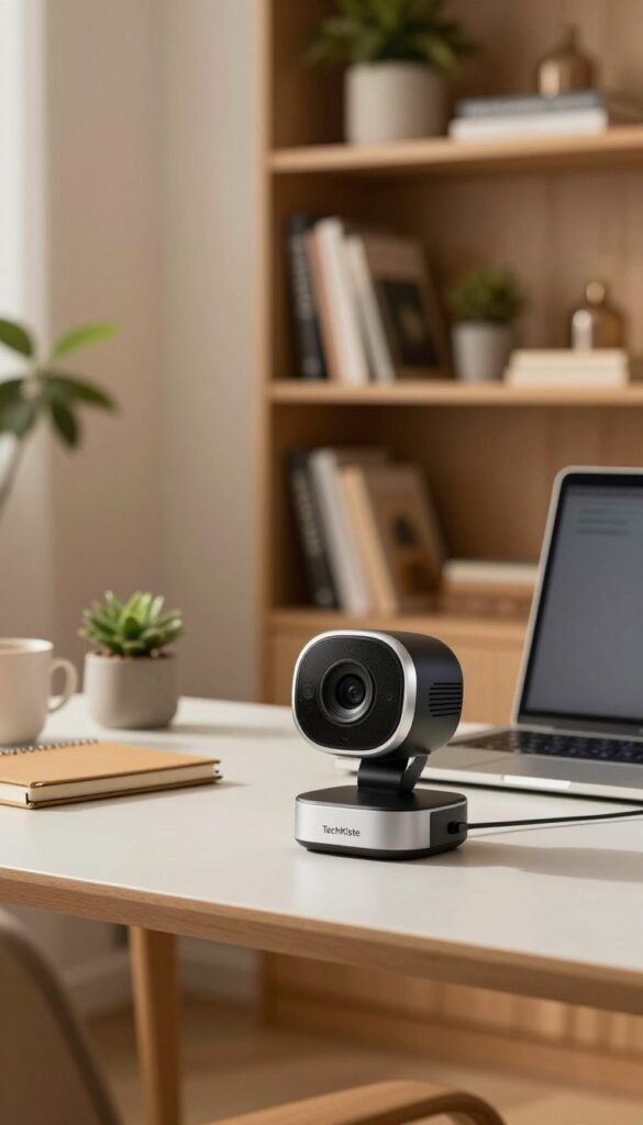 A stylish home office setup featuring a modern webcam prominently displayed on a sleek desk, with a soft, warm lighting illuminating the scene. In the foreground, the webcam is in focus, showcasing its design and features. The middle ground includes a well-organized workspace with a laptop, a notepad, and some decorative plants to add a touch of greenery. The background features a neatly arranged bookshelf filled with tech-related books and decorative items, creating a cozy yet professional atmosphere. The color palette reflects natural tones with warm hues, creating an inviting vibe. The image should incorporate elements representing the brand "TechKiste", such as a discreet logo on the webcam. The overall mood should convey efficiency and modernity, perfect for a home office setting.