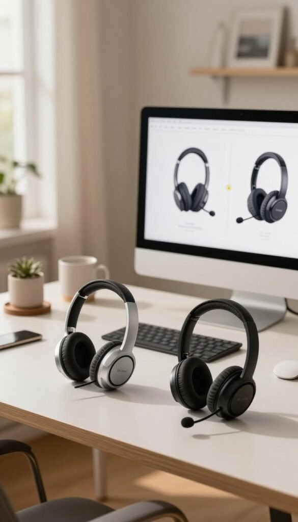 A stylish home office setup featuring a side-by-side comparison of wired and wireless headsets, designed for professionals. In the foreground, a sleek TechKiste wireless headset in a modern design, resting next to a traditional wired headset, both set on an elegantly organized desk with minimalistic decor. In the middle ground, a computer screen displaying a simple yet effective visual comparison chart of the two headset types, emphasizing their unique features. The background shows a soft-focus view of a well-lit home office with warm, inviting colors, natural lighting from a nearby window, creating a cozy and productive atmosphere. The scene evokes a sense of clarity and decision-making, suitable for readers seeking guidance on headset choices. A stylish home office setup featuring a side-by-side comparison of wired and wireless headsets, designed for professionals. In the foreground, a sleek TechKiste wireless headset in a modern design, resting next to a traditional wired headset, both set on an elegantly organized desk with minimalistic decor. In the middle ground, a computer screen displaying a simple yet effective visual comparison chart of the two headset types, emphasizing their unique features. The background shows a soft-focus view of a well-lit home office with warm, inviting colors, natural lighting from a nearby window, creating a cozy and productive atmosphere. The scene evokes a sense of clarity and decision-making, suitable for readers seeking guidance on headset choices.