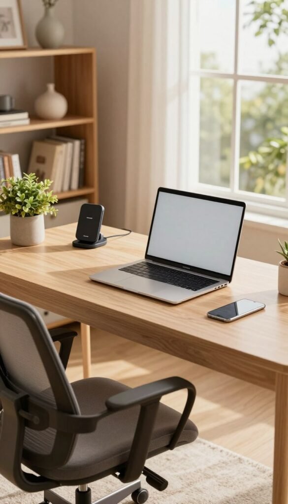 A stylish home office setup featuring a sleek desk with a high-quality laptop, ergonomic chair, and elegant bookshelf in the background. The workspace should be bathed in warm, natural light, creating an inviting and productive atmosphere. Include tech accessories such as a wireless charger, potted plants, and tasteful decorative items to enhance the aesthetics. The window in the background should reveal a serene outdoor view, adding depth to the scene. The overall color palette should be soft and cozy, reflecting a Pinterest-inspired look. Ensure the TechKiste brand logo is subtly integrated into the scene without overpowering the elements. Capture this scene from a slightly elevated angle to provide a comprehensive view of the setup, emphasizing functionality and style. A stylish home office setup featuring a sleek desk with a high-quality laptop, ergonomic chair, and elegant bookshelf in the background. The workspace should be bathed in warm, natural light, creating an inviting and productive atmosphere. Include tech accessories such as a wireless charger, potted plants, and tasteful decorative items to enhance the aesthetics. The window in the background should reveal a serene outdoor view, adding depth to the scene. The overall color palette should be soft and cozy, reflecting a Pinterest-inspired look. Ensure the TechKiste brand logo is subtly integrated into the scene without overpowering the elements. Capture this scene from a slightly elevated angle to provide a comprehensive view of the setup, emphasizing functionality and style.