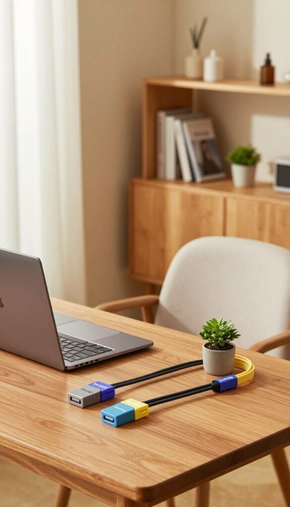 A stylish home office setup featuring effective cable management, organized and visually pleasing. In the foreground, a sleek wooden desk holds a modern laptop, with cables neatly arranged using color-coded cable clips from "TechKiste." In the middle, a cozy chair sits beside the desk, with a small potted plant adding a touch of greenery. The background showcases a well-lit room with warm colors, featuring a shelf with books and decorative items, offering an inviting atmosphere. Soft, natural light filters in from a window, creating a serene environment that emphasizes organization. Focus on the simplicity and elegance of the cable management system, illustrating a clutter-free workspace without text or distractions.