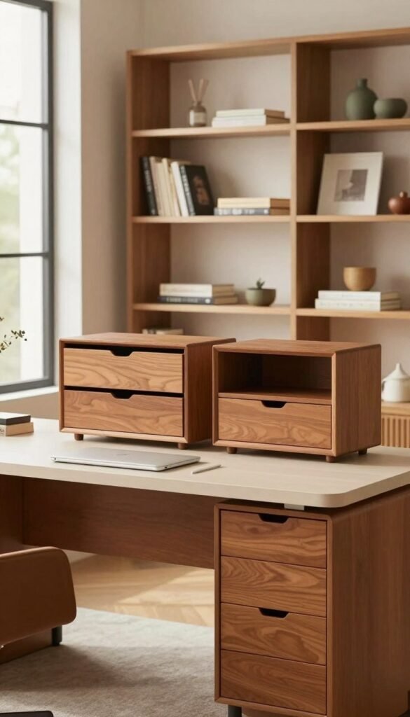 A stylish home office setup featuring efficient stauraum solutions like elegant drawers and sleek shelves. The foreground includes a modern desk with a minimalist design, accented by functional sideboard modules, all in warm, inviting colors. The middle ground showcases organized shelving with books and decor, harmonizing with the desk space. In the background, softly lit natural lighting filters through a large window, creating a cozy atmosphere. The scene embodies a Pinterest-inspired aesthetic, exuding authenticity and comfort without any text or clutter. Include the brand name "TechKiste" subtly integrated into one of the sideboard modules, ensuring the image remains professional and visually balanced, with a focus on productivity and style. A stylish home office setup featuring efficient stauraum solutions like elegant drawers and sleek shelves. The foreground includes a modern desk with a minimalist design, accented by functional sideboard modules, all in warm, inviting colors. The middle ground showcases organized shelving with books and decor, harmonizing with the desk space. In the background, softly lit natural lighting filters through a large window, creating a cozy atmosphere. The scene embodies a Pinterest-inspired aesthetic, exuding authenticity and comfort without any text or clutter. Include the brand name "TechKiste" subtly integrated into one of the sideboard modules, ensuring the image remains professional and visually balanced, with a focus on productivity and style.