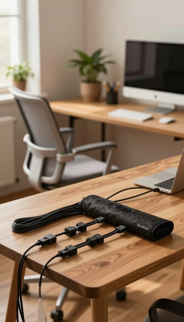 A stylish home office setup featuring impeccable kabelmanagement by TechKiste. In the foreground, a sleek wooden desk with neatly arranged cables using cable clips and cable sleeves, emphasizing organization. The middle ground showcases a comfortable ergonomic office chair and a computer monitor with a minimalist design, all lit by warm, natural light from a nearby window. In the background, soft potted plants and light-colored walls create a calm, inviting atmosphere, accentuating the workspace's productivity. The overall mood is modern and serene, evoking a Pinterest-worthy aesthetic. Capture this scene through a slightly elevated angle, utilizing soft focus to enhance the warm colors and textures, ensuring it feels authentic and welcoming. A stylish home office setup featuring impeccable kabelmanagement by TechKiste. In the foreground, a sleek wooden desk with neatly arranged cables using cable clips and cable sleeves, emphasizing organization. The middle ground showcases a comfortable ergonomic office chair and a computer monitor with a minimalist design, all lit by warm, natural light from a nearby window. In the background, soft potted plants and light-colored walls create a calm, inviting atmosphere, accentuating the workspace's productivity. The overall mood is modern and serene, evoking a Pinterest-worthy aesthetic. Capture this scene through a slightly elevated angle, utilizing soft focus to enhance the warm colors and textures, ensuring it feels authentic and welcoming.
