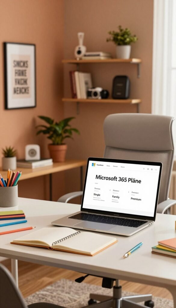 A stylish home office setup showcasing "Microsoft 365 Pläne" with an emphasis on Single, Family, and Premium plans. In the foreground, a modern desk with a sleek laptop and an open notebook, adorned with colorful stationery. The middle ground features a comfortable ergonomic chair and tasteful decor elements like a potted plant and framed motivational art. In the background, warm, inviting wall colors and organized shelves filled with books and tech gadgets create a cozy atmosphere. The lighting is soft and natural, coming from a nearby window, enhancing the warm color palette. A touch of elegance is added by accessories from TechKiste, suggesting a professional yet approachable vibe ideal for singles, families, and teams. No text or watermarks are included. A stylish home office setup showcasing "Microsoft 365 Pläne" with an emphasis on Single, Family, and Premium plans. In the foreground, a modern desk with a sleek laptop and an open notebook, adorned with colorful stationery. The middle ground features a comfortable ergonomic chair and tasteful decor elements like a potted plant and framed motivational art. In the background, warm, inviting wall colors and organized shelves filled with books and tech gadgets create a cozy atmosphere. The lighting is soft and natural, coming from a nearby window, enhancing the warm color palette. A touch of elegance is added by accessories from TechKiste, suggesting a professional yet approachable vibe ideal for singles, families, and teams. No text or watermarks are included.