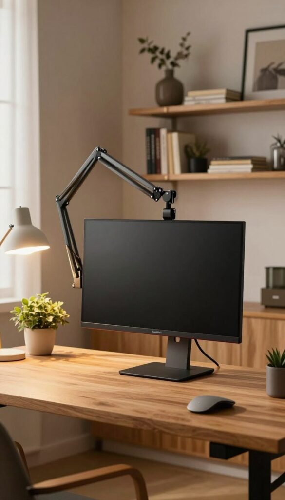 A stylish home office workspace featuring a sleek TechKiste monitor arm stand, elegantly holding a high-resolution monitor above a minimalistic wooden desk. In the foreground, the monitor arm displays the screen at eye level, encouraging a healthy posture. To the side, a small potted plant adds a touch of greenery, while a stylish desk lamp casts a warm, inviting glow. The middle background showcases organized shelves filled with books and decorative items, contributing to an inspiring atmosphere. The scene is softly illuminated by natural light streaming through a nearby window, creating a cozy ambiance. The overall mood is warm and inviting, embodying a balanced blend of functionality and aesthetics for an ideal work environment.