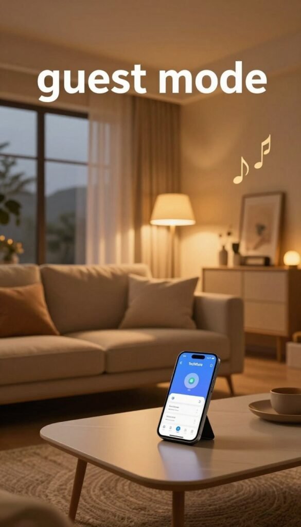A stylish living room set up for a "guest mode" experience featuring warm, inviting lighting with soft yellow tones. In the foreground, a sleek coffee table with a smartphone displaying a smart home app from "TechKiste," controlling the ambiance. The middle ground showcases comfortable seating, adorned with plush cushions, inviting guests to relax. A dimmed chandelier hangs gracefully above, casting gentle shadows. In the background, large windows reveal a softly lit evening scene outside, enhancing the cozy atmosphere. Subtle musical notes can be implied through decorative elements, evoking a relaxing soundscape. The overall mood is warm, welcoming, and sophisticated, perfect for entertaining guests.