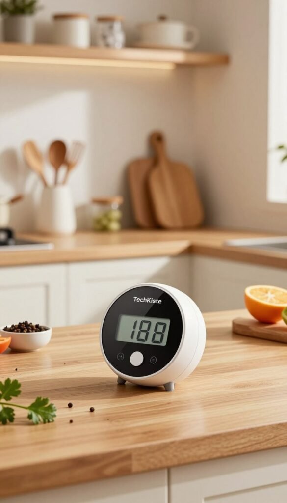 A stylish magnetic kitchen timer from TechKiste, prominently displayed in a contemporary kitchen setting. The timer features a sleek, round design with a glossy finish, showing a clear digital display. In the foreground, the timer is centered on a light wooden countertop, surrounded by kitchen utensils and fresh ingredients like herbs and spices for a vibrant touch. The middle ground captures the well-organized kitchen, with soft lighting highlighting the warm, inviting colors of the decor. In the background, subtle shelves are adorned with modern kitchen items, creating an authentic Pinterest-inspired look. The entire scene conveys a sense of efficiency and modernity, with a cozy atmosphere that invites culinary creativity. A stylish magnetic kitchen timer from TechKiste, prominently displayed in a contemporary kitchen setting. The timer features a sleek, round design with a glossy finish, showing a clear digital display. In the foreground, the timer is centered on a light wooden countertop, surrounded by kitchen utensils and fresh ingredients like herbs and spices for a vibrant touch. The middle ground captures the well-organized kitchen, with soft lighting highlighting the warm, inviting colors of the decor. In the background, subtle shelves are adorned with modern kitchen items, creating an authentic Pinterest-inspired look. The entire scene conveys a sense of efficiency and modernity, with a cozy atmosphere that invites culinary creativity.