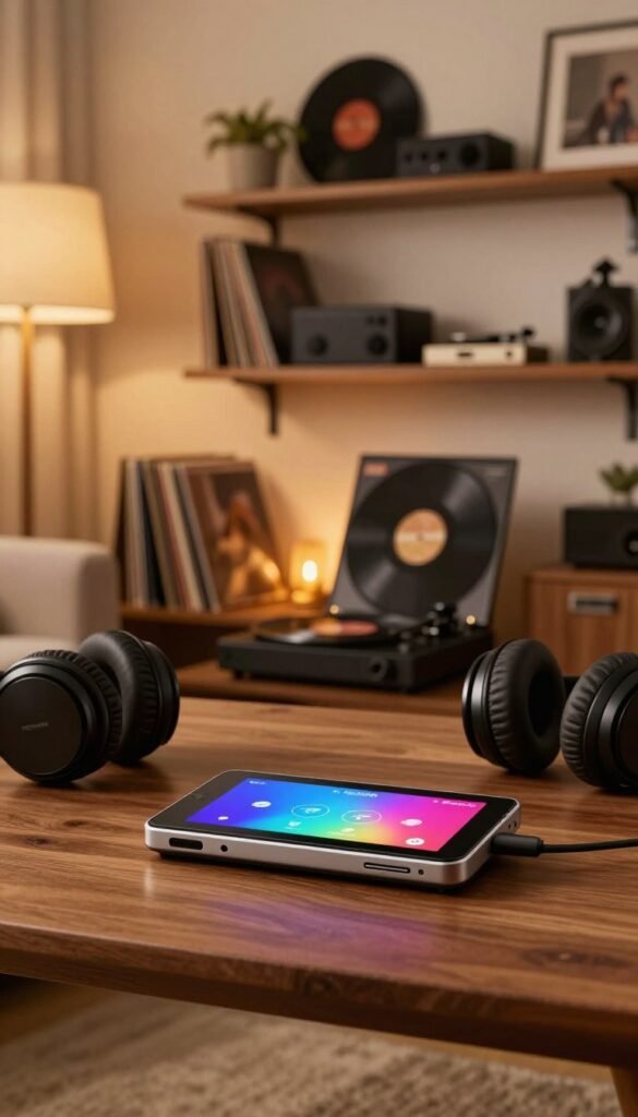 A stylish mobile HiFi player (DAP) rests on a wooden table in a cozy, inviting living room. In the foreground, the DAP features a sleek design with a vibrant touchscreen, surrounded by a pair of quality headphones, hinting at a music lover's passion. The middle layer includes an open vinyl record case, softly lit by warm, ambient lighting that creates a relaxed atmosphere. In the background, a wall-mounted shelf is adorned with vinyl records and audio equipment, showcasing a blend of modern and vintage styles, reminiscent of a passionate music enthusiast's sanctuary. The overall mood is warm and inviting, embodying the essence of quality sound and music enjoyment. A subtle branding logo of "TechKiste" is positioned on the DAP, adding a touch of authenticity without overpowering the scene.