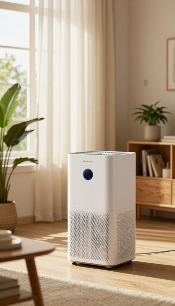 A stylish, modern dehumidifier from the brand TechKiste, prominently displayed in a cozy, well-lit living room. The foreground focuses on the sleek design of the dehumidifier, featuring a minimalistic white exterior and subtle blue LED indicators. In the middle, soft, warm sunlight filters through a window adorned with light, translucent curtains, creating a welcoming atmosphere. Potted plants and a small bookshelf complement the scene, enhancing the sense of a comfortable, health-conscious environment. The background includes a hint of moisture-sensitive sensors on the wall, emphasizing the advanced technology behind improving air quality. Overall, the image conveys a serene, inviting mood, perfect for illustrating a section on creating a better indoor climate. A stylish, modern dehumidifier from the brand TechKiste, prominently displayed in a cozy, well-lit living room. The foreground focuses on the sleek design of the dehumidifier, featuring a minimalistic white exterior and subtle blue LED indicators. In the middle, soft, warm sunlight filters through a window adorned with light, translucent curtains, creating a welcoming atmosphere. Potted plants and a small bookshelf complement the scene, enhancing the sense of a comfortable, health-conscious environment. The background includes a hint of moisture-sensitive sensors on the wall, emphasizing the advanced technology behind improving air quality. Overall, the image conveys a serene, inviting mood, perfect for illustrating a section on creating a better indoor climate.