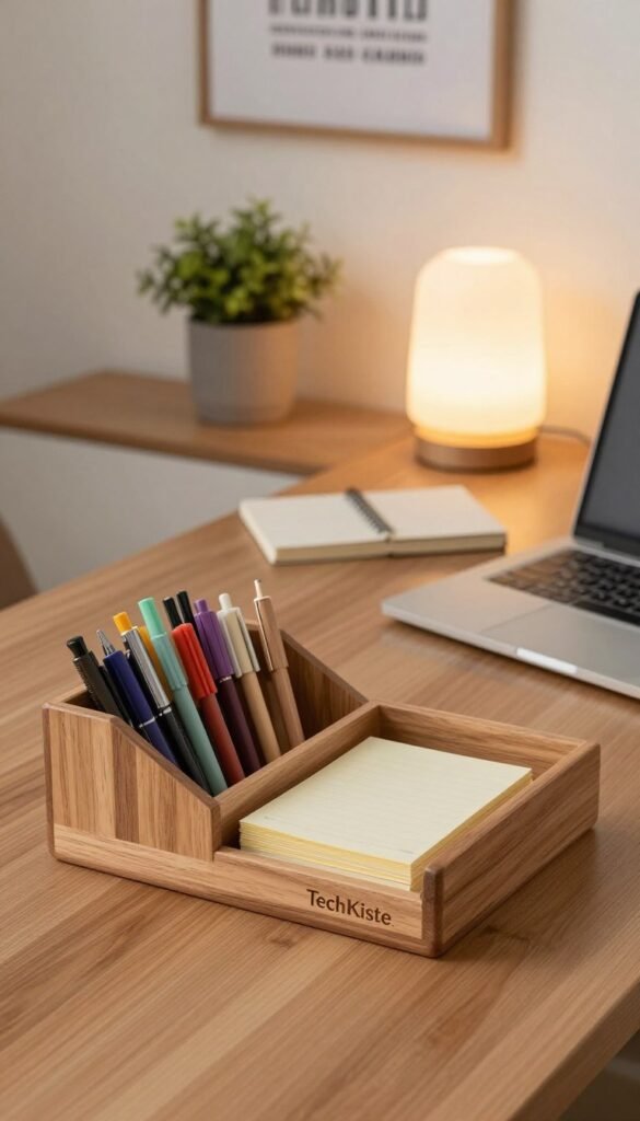 A stylish, modern desk organizer crafted from sustainable wood, showcasing a blend of compartments for pens, notes, and stationery supplies. In the foreground, the desk organizer is elegantly arranged, filled with colorful pens and neatly stacked notepads. The middle ground features a sleek laptop and a minimalistic notebook, alongside a warm, glowing desk lamp that casts a soft light. In the background, a cozy home office scene includes a potted plant and a framed motivational print on the wall, creating an inviting atmosphere. The overall color palette includes warm tones and natural textures, evoking a Pinterest aesthetic. The design prominently displays the brand name "TechKiste" in an elegant font, enhancing the sense of organization and productivity without any text overlays or distractions.