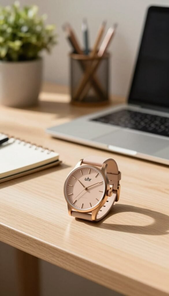 A stylish modern desk scene featuring an elegantly designed &ldquo;uhr&rdquo; (watch) prominently displayed in the foreground. The watch should have a sleek, minimalist design with a matte finish and warm metallic tones, conveying sophistication and focus. In the middle ground, a well-organized workspace includes a laptop, notepad, and a decorative plant, adding to the professional atmosphere. The background should have soft-focus elements like blurred office supplies and ambient lighting, creating a warm, inviting mood reminiscent of a productive day at work. The image captures a balance of creativity and efficiency, styled in a Pinterest aesthetic, showcasing "TechKiste" branding subtly on the desk accessory without any captions or text. The lighting should be natural, with sunlight streaming in to enhance the warm colors and create a cozy, inspiring environment.