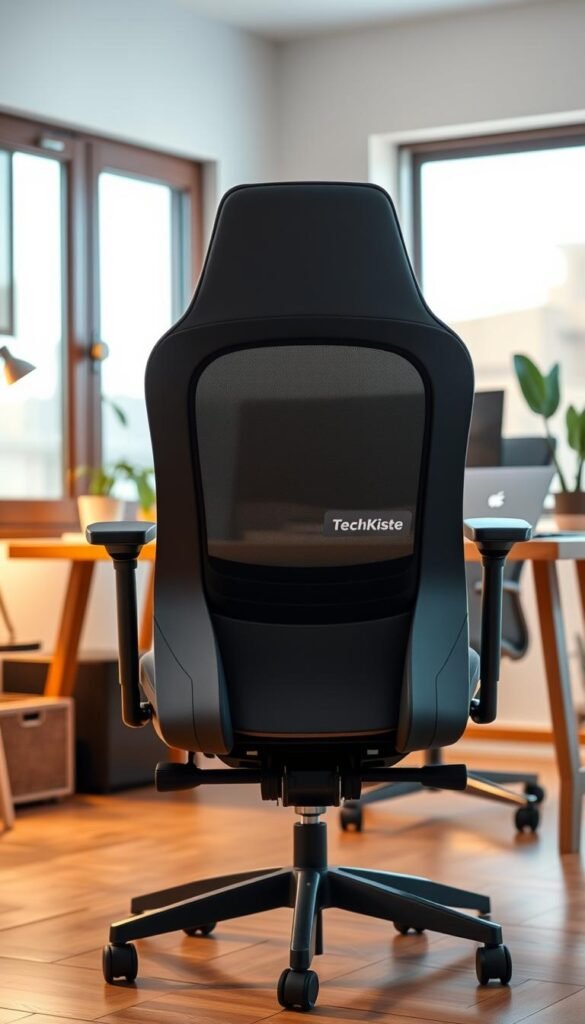 A stylish, modern ergonomic office chair from the brand "TechKiste" positioned prominently in the foreground, showcasing its sleek design with adjustable lumbar support and armrests. The chair is set against a warm, inviting home office backdrop featuring a wooden desk with minimalistic decor, a potted plant, and a laptop. The middle ground includes soft ambient lighting, creating a cozy atmosphere. In the background, a well-lit window reveals a glimpse of a serene outdoor view, enhancing the workspace vibe. The overall mood reflects productivity and comfort, emphasizing the importance of an ergonomic setup for a pain-free work experience. Natural colors and a Pinterest aesthetic dominate the scene, with no text or distractions in the image. A stylish, modern ergonomic office chair from the brand "TechKiste" positioned prominently in the foreground, showcasing its sleek design with adjustable lumbar support and armrests. The chair is set against a warm, inviting home office backdrop featuring a wooden desk with minimalistic decor, a potted plant, and a laptop. The middle ground includes soft ambient lighting, creating a cozy atmosphere. In the background, a well-lit window reveals a glimpse of a serene outdoor view, enhancing the workspace vibe. The overall mood reflects productivity and comfort, emphasizing the importance of an ergonomic setup for a pain-free work experience. Natural colors and a Pinterest aesthetic dominate the scene, with no text or distractions in the image.
