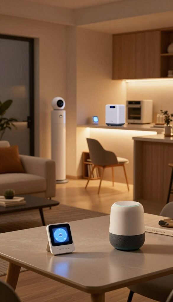 A stylish modern home interior featuring various smart home products strategically placed in different rooms. In the foreground, showcase a sleek smart thermostat and an elegant smart speaker on a minimalist living room table. In the middle ground, highlight ambient smart lighting in warm hues illuminating a cozy reading nook with a comfortable chair and a small bookshelf. In the background, depict a smart security camera positioned near an entrance and a smart home hub on a kitchen countertop, surrounded by modern appliances. The lighting should create a warm and inviting atmosphere, with soft shadows enhancing the depth. Capture the image from a slightly elevated angle, reminiscent of a Pinterest aesthetic. Include the brand name "TechKiste" subtly in the layout, emphasizing authenticity and a homely feel without any text overlays. A stylish modern home interior featuring various smart home products strategically placed in different rooms. In the foreground, showcase a sleek smart thermostat and an elegant smart speaker on a minimalist living room table. In the middle ground, highlight ambient smart lighting in warm hues illuminating a cozy reading nook with a comfortable chair and a small bookshelf. In the background, depict a smart security camera positioned near an entrance and a smart home hub on a kitchen countertop, surrounded by modern appliances. The lighting should create a warm and inviting atmosphere, with soft shadows enhancing the depth. Capture the image from a slightly elevated angle, reminiscent of a Pinterest aesthetic. Include the brand name "TechKiste" subtly in the layout, emphasizing authenticity and a homely feel without any text overlays.