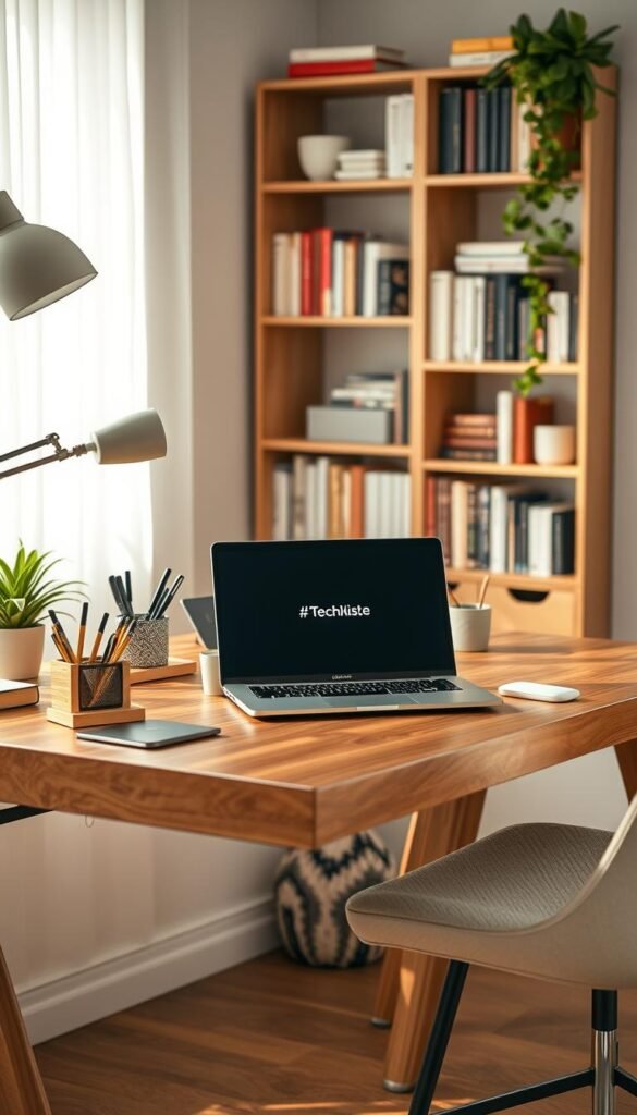 A stylish, modern home office desk setup featuring a sleek wooden desk with an organized surface, showcasing minimalistic storage solutions such as stylish pen holders and a compact shelving unit, all while keeping the desk clutter-free. Incorporate warm, natural lighting that highlights the rich textures of the wood and soft neutrals of the surrounding decor. The background should include a cozy bookshelf filled with neatly arranged books and decorative plants, creating an inviting atmosphere. The mood is calm and productive, inspired by Pinterest aesthetics. The desk prominently displays a TechKiste branded laptop and accessories. Capture the scene from a slightly elevated angle to emphasize the depth and organization of the workspace. A stylish, modern home office desk setup featuring a sleek wooden desk with an organized surface, showcasing minimalistic storage solutions such as stylish pen holders and a compact shelving unit, all while keeping the desk clutter-free. Incorporate warm, natural lighting that highlights the rich textures of the wood and soft neutrals of the surrounding decor. The background should include a cozy bookshelf filled with neatly arranged books and decorative plants, creating an inviting atmosphere. The mood is calm and productive, inspired by Pinterest aesthetics. The desk prominently displays a TechKiste branded laptop and accessories. Capture the scene from a slightly elevated angle to emphasize the depth and organization of the workspace.