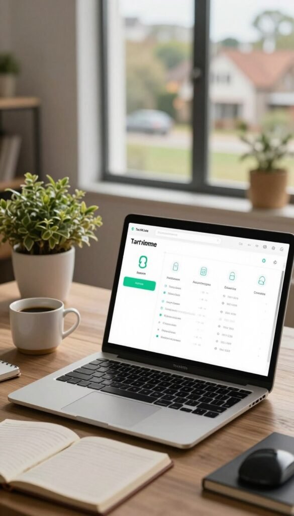 A stylish modern home office environment with an emphasis on smart alarm settings for home security. In the foreground, a sleek laptop displaying the interface of an advanced alarm system with highlighted features to minimize false alarms. The middle ground features a cozy workspace with a potted plant, a cup of coffee, and an open notebook filled with notes on alarm settings and tips, all bathed in warm natural light. In the background, a large window reveals an inviting neighborhood, enhancing a sense of safety and tranquility. The overall mood is professional yet relaxed, showcasing the practical side of technology in everyday life. A subtle logo of "TechKiste" can be integrated into the laptop display. A stylish modern home office environment with an emphasis on smart alarm settings for home security. In the foreground, a sleek laptop displaying the interface of an advanced alarm system with highlighted features to minimize false alarms. The middle ground features a cozy workspace with a potted plant, a cup of coffee, and an open notebook filled with notes on alarm settings and tips, all bathed in warm natural light. In the background, a large window reveals an inviting neighborhood, enhancing a sense of safety and tranquility. The overall mood is professional yet relaxed, showcasing the practical side of technology in everyday life. A subtle logo of "TechKiste" can be integrated into the laptop display.