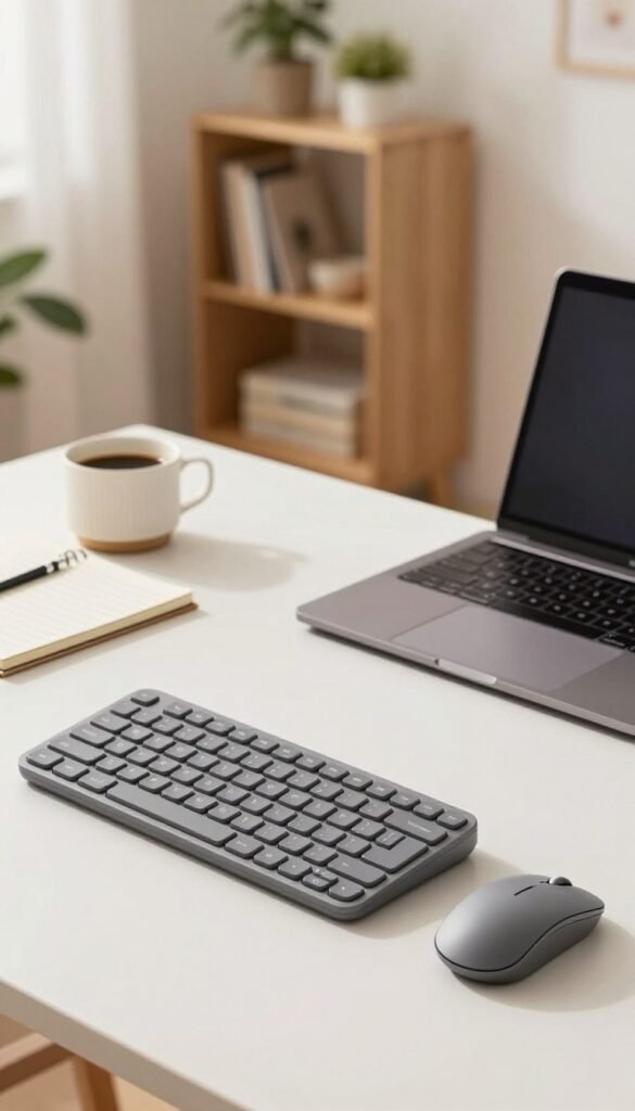 A stylish, modern keyboard and mouse set from the brand TechKiste, placed prominently in the foreground. The keyboard features ergonomic design with soft-touch keys and a sleek finish, while the mouse has a comfortable grip and intuitive shape. In the middle ground, a clean and spacious home office desk setup is showcased, complete with a minimalist laptop, a notepad, and a cup of coffee, all bathed in warm, natural lighting. The background features a soft-focus view of a well-organized bookshelf with indoor plants, creating a calming atmosphere. The image conveys productivity and comfort, ideal for an inviting home office environment, with an emphasis on reducing wrist strain while working.
