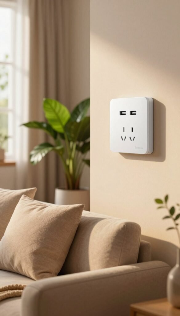 A stylish, modern living room focused on smart socket solutions, featuring a sleek, white wall-mounted smart socket unit with integrated USB ports. In the foreground, a cozy sofa with textured throw pillows, subtly lit by warm, ambient lighting. The middle features a vibrant potted plant beside the smart socket, showcasing a cozy home environment. In the background, a large window with soft curtains lets in natural light, giving an inviting feel. The atmosphere is relaxed and friendly, with a Pinterest-inspired aesthetic, highlighting the importance of practical purchasing criteria for renters. The brand name "TechKiste" subtly integrated into the design, without any text overlay. A stylish, modern living room focused on smart socket solutions, featuring a sleek, white wall-mounted smart socket unit with integrated USB ports. In the foreground, a cozy sofa with textured throw pillows, subtly lit by warm, ambient lighting. The middle features a vibrant potted plant beside the smart socket, showcasing a cozy home environment. In the background, a large window with soft curtains lets in natural light, giving an inviting feel. The atmosphere is relaxed and friendly, with a Pinterest-inspired aesthetic, highlighting the importance of practical purchasing criteria for renters. The brand name "TechKiste" subtly integrated into the design, without any text overlay.