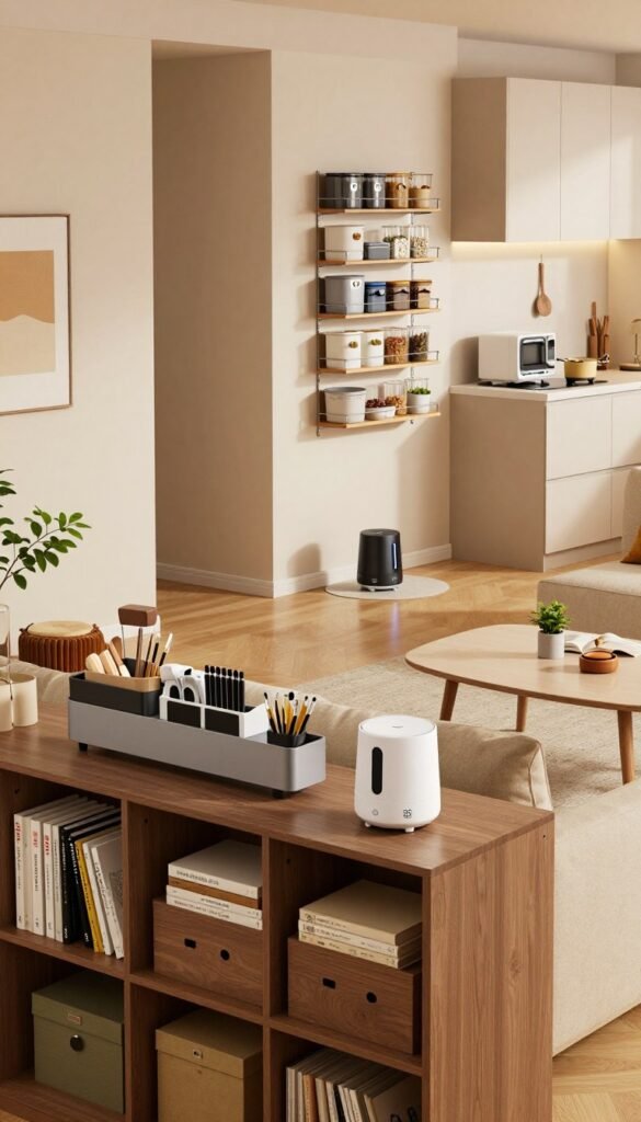 A stylish, modern living space showcasing innovative home gadgets that promote organization and maximize space. In the foreground, an elegantly designed bookshelf filled with neatly arranged books and decorative storage boxes, while a sleek desk organizer holds various office supplies. In the middle, a cozy seating area features a minimalist coffee table with smart home devices, like an intelligent plant care system. The background reveals a well-organized kitchen with clear containers and wall-mounted racks efficiently using vertical space. Soft, warm lighting creates an inviting atmosphere, enhancing the Pinterest-inspired aesthetics. Capture this scene from a slightly elevated angle to portray depth, emphasizing the harmony between functionality and design in home gadgetry. Include the brand name "TechKiste" subtly integrated into the scene. A stylish, modern living space showcasing innovative home gadgets that promote organization and maximize space. In the foreground, an elegantly designed bookshelf filled with neatly arranged books and decorative storage boxes, while a sleek desk organizer holds various office supplies. In the middle, a cozy seating area features a minimalist coffee table with smart home devices, like an intelligent plant care system. The background reveals a well-organized kitchen with clear containers and wall-mounted racks efficiently using vertical space. Soft, warm lighting creates an inviting atmosphere, enhancing the Pinterest-inspired aesthetics. Capture this scene from a slightly elevated angle to portray depth, emphasizing the harmony between functionality and design in home gadgetry. Include the brand name "TechKiste" subtly integrated into the scene.