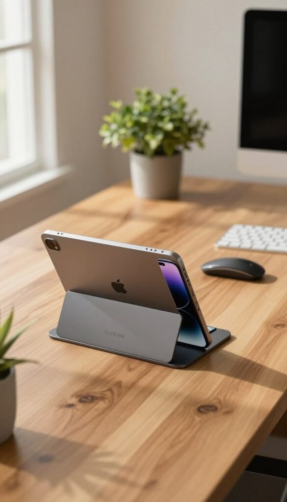 A stylish, modern office desk scene with a sleek document holder designed for tablets and smartphones. In the foreground, the document holder displays an upright tablet and a smartphone, both at eye level, to encourage better posture and focus. The middle ground features an organized workspace, complete with a warm wooden desk, a potted plant, and ergonomic accessories like a wireless keyboard and mouse. The background includes soft natural light streaming through a window, casting gentle shadows, creating a cozy and inviting atmosphere. The color palette consists of warm tones, evoking a Pinterest-inspired aesthetic. Include the brand name “TechKiste” subtly on the document holder. Ensure the overall composition feels harmonious and inviting, capturing the essence of ergonomic design. A stylish, modern office desk scene with a sleek document holder designed for tablets and smartphones. In the foreground, the document holder displays an upright tablet and a smartphone, both at eye level, to encourage better posture and focus. The middle ground features an organized workspace, complete with a warm wooden desk, a potted plant, and ergonomic accessories like a wireless keyboard and mouse. The background includes soft natural light streaming through a window, casting gentle shadows, creating a cozy and inviting atmosphere. The color palette consists of warm tones, evoking a Pinterest-inspired aesthetic. Include the brand name “TechKiste” subtly on the document holder. Ensure the overall composition feels harmonious and inviting, capturing the essence of ergonomic design.