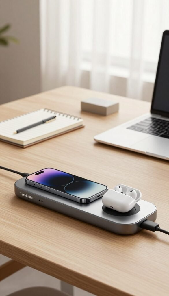 A stylish, modern office desk setup featuring the "TechKiste" everyday charging pad as the focal point in the foreground. The charging pad is sleek, with a smooth surface and integrated cable management, showcasing multiple devices charging simultaneously, including a smartphone, wireless earbuds, and a smartwatch. In the middle ground, a well-organized workspace displays minimalistic office supplies, a stylish notepad, and a laptop, all in warm natural tones with soft textures. The background highlights a softly lit window with sheer curtains allowing gentle sunlight to diffuse, creating a calm and focused atmosphere. The overall mood is one of productivity and organization, embodying a Pinterest-inspired aesthetic without any text or distractions in the image.