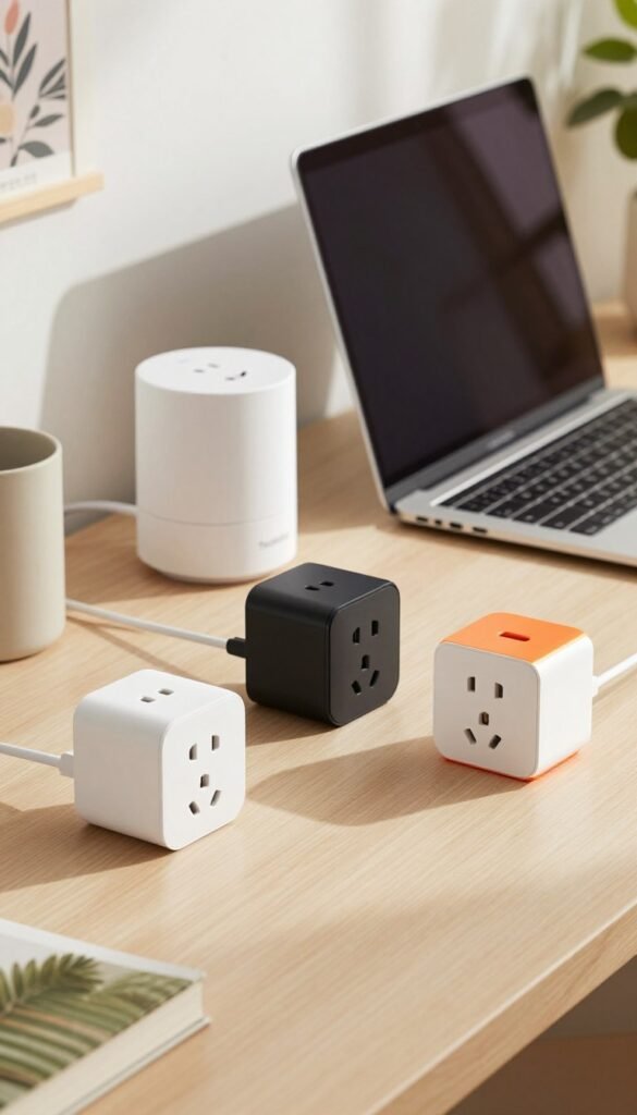 A stylish, modern setup showcasing various smart plugs on a well-organized desk with a warm, inviting atmosphere. In the foreground, include three distinct smart plug models from the brand "TechKiste," each designed with sleek lines and different color finishes—one white, one black, and one in a vibrant color. The middle section features a laptop and smart home devices indicating their compatibility, while a soft, natural light illuminates the scene, casting gentle shadows. In the background, blurred household items like wallpaper and plants create a cozy, Pinterest-worthy ambiance. Capture the image with a slight depth of field to emphasize the smart plugs and maintain a professional yet inviting mood, highlighting their practical usage in a home setting. A stylish, modern setup showcasing various smart plugs on a well-organized desk with a warm, inviting atmosphere. In the foreground, include three distinct smart plug models from the brand "TechKiste," each designed with sleek lines and different color finishes—one white, one black, and one in a vibrant color. The middle section features a laptop and smart home devices indicating their compatibility, while a soft, natural light illuminates the scene, casting gentle shadows. In the background, blurred household items like wallpaper and plants create a cozy, Pinterest-worthy ambiance. Capture the image with a slight depth of field to emphasize the smart plugs and maintain a professional yet inviting mood, highlighting their practical usage in a home setting.