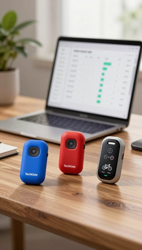 A stylish, modern workspace featuring a variety of tracker gadgets from "TechKiste" displayed on a wooden desk. In the foreground, a sleek key tracker in vibrant blue sits next to a compact luggage tracker in a striking red. Beside them, a bicycle tracker, designed with streamlined aesthetics, showcases its features. The middle ground features a blurred laptop screen displaying a comparison chart of tracker specifications, enhancing the technological vibe. The background features soft-focus plants and warm natural light streaming through a window, evoking a comfortable, inviting atmosphere. The entire scene is shot with a shallow depth of field from a slightly elevated angle to create a professional look, radiating authenticity with warm color tones.