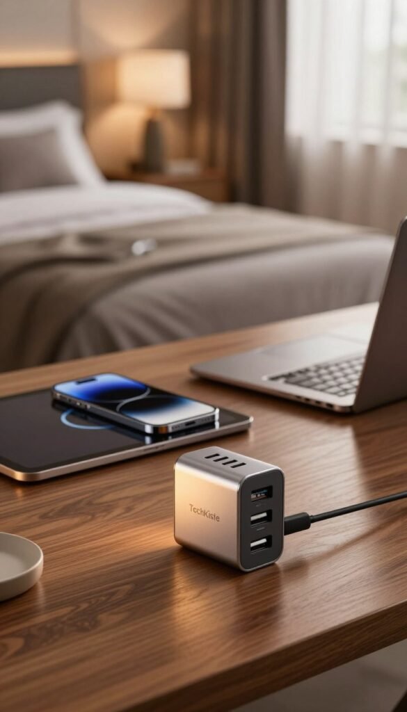 A stylish multiport charger branded "TechKiste" placed elegantly on a wooden desk in a cozy hotel room. In the foreground, the charger is a sleek, modern design with multiple USB ports glimmering in soft, warm light. The middle features a chic smartphone and tablet charging, with a soft focus on a laptop in use, showcasing a traveler&rsquo;s workspace. The background is softly blurred, revealing a tastefully decorated hotel room with plush bedding and ambient, warm-toned lighting. A subtle window with sheer curtains allows natural light to filter in, creating a serene atmosphere. The overall mood is one of convenience and comfort, emphasizing the ease of charging multiple devices without the hassle of finding available outlets.
